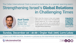 אירוע המועדון הבינלאומי - The Coller International Club opening even  Strengthening Israel’s Global Relations in Challenging Times.  Join Coller International Club in welcoming Asaf Zamir, the Deputy Mayor of Tel Aviv-Yafo!  Don't miss Asaf's insights on strengthening Israel’s global ties. Engage, ask questions, and connect with a leader in local governance and international diplomacy.